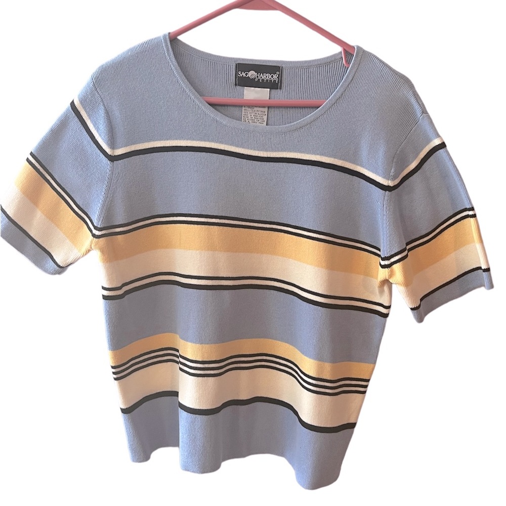 Sag Harbor Petite Steel Blue/White/Black/Yellow Short Sleeve Knit Top.  Large